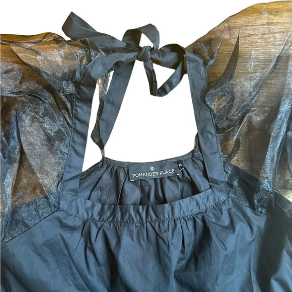 Pomander Place Tuckernuck Women's Black Tinsley Top Blouse Sheer Puff Sleeve XS - Picture 6 of 11